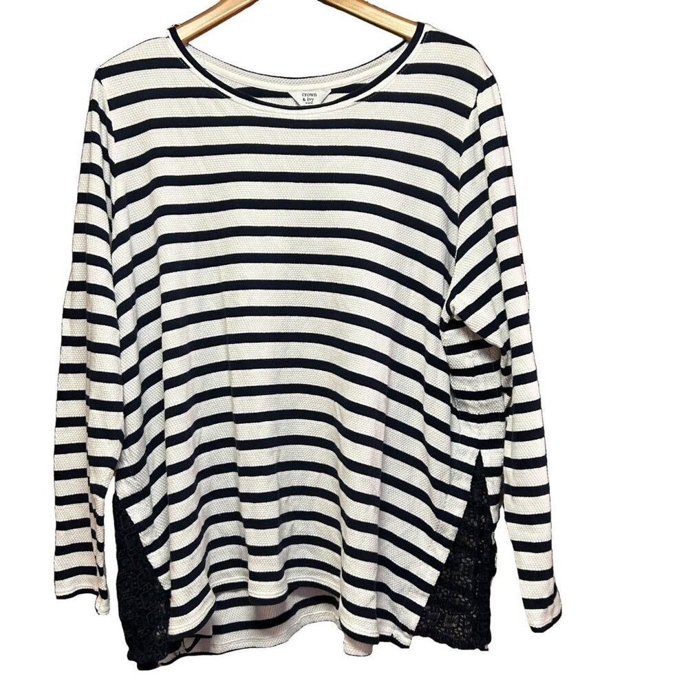 Crown & Ivy Striped Lace Inset Long Sleeve Blouse Top Plus Size 3X Preppy